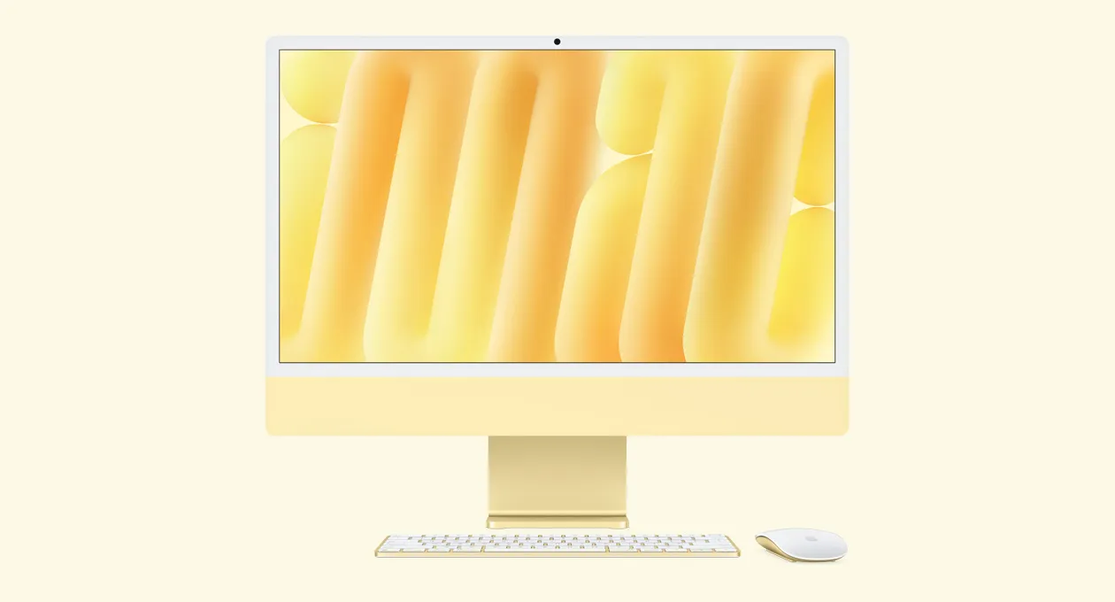 Жовтий iMac з мишею та клавіатурою в тон, вид спереду