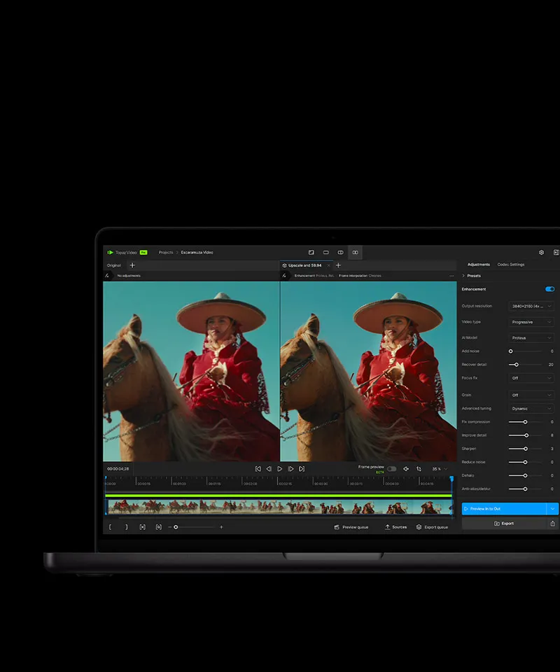 Экран MacBook Pro, на котором показано видео, улучшенное с помощью искусственного интеллекта в Topaz Video