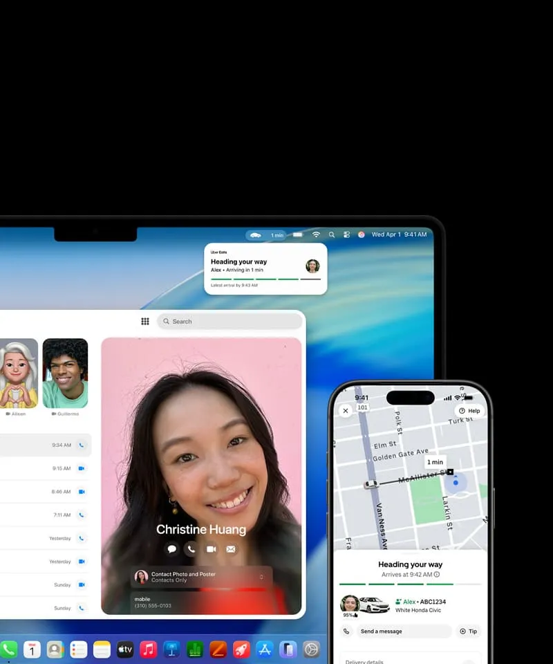 MacBook Pro и iPhone рядом, на экране MacBook Pro отображается приложение «Телефон» и «Активность в реальном времени» из приложения Uber, на iPhone — приложение Uber