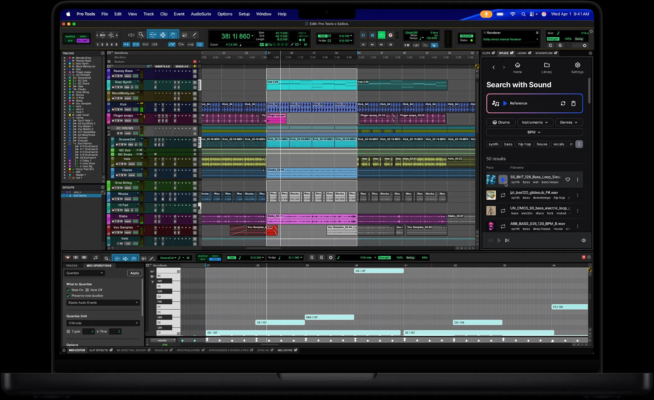 Экран MacBook Pro, на котором показано, как Pro Tools используются для редактирования песни