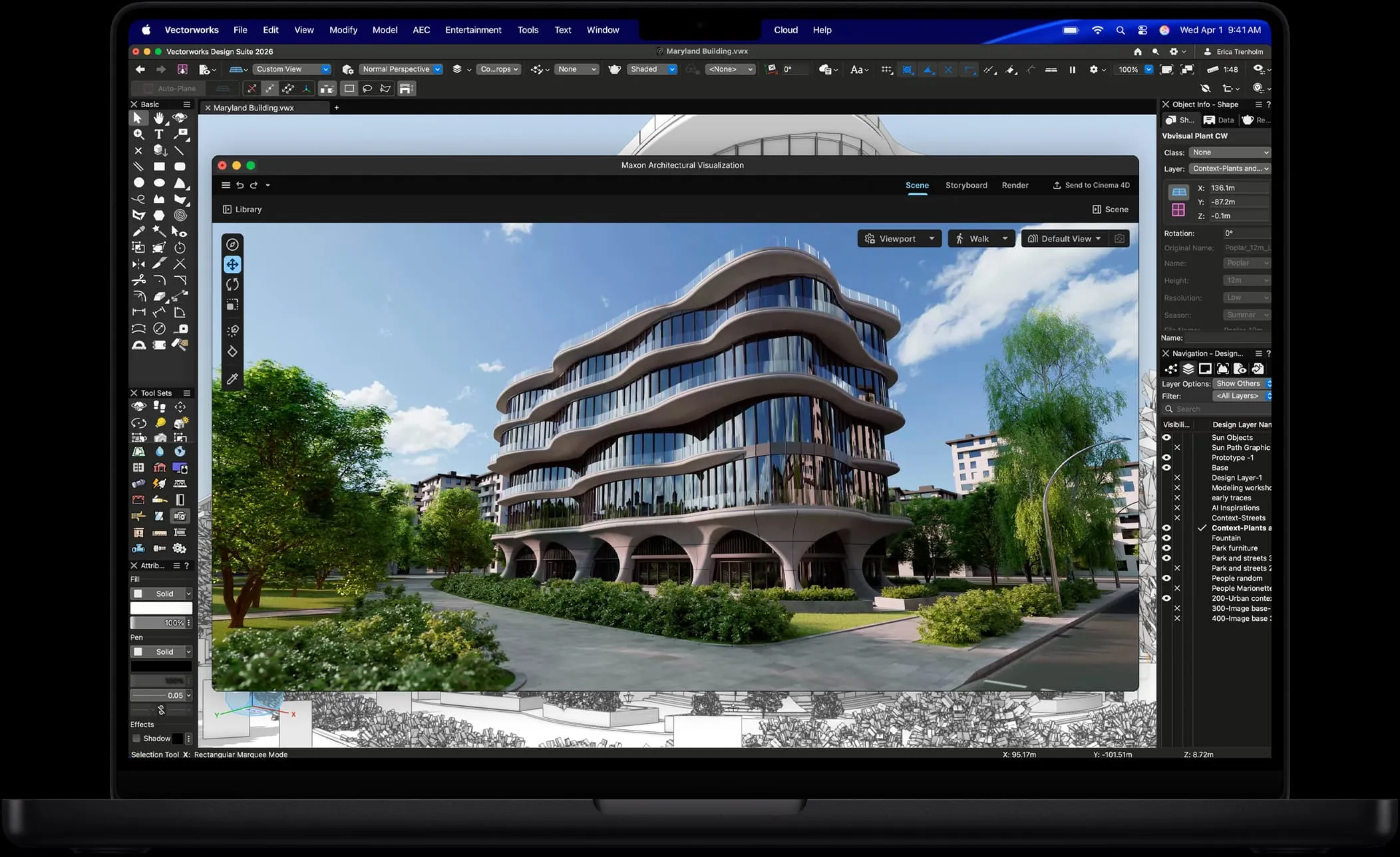 Экран MacBook Pro с изображением Vectorworks Design Suite и Maxon Redshift