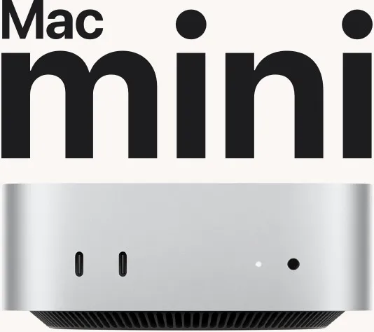 Вид спереду на сріблястий Mac mini. Показано його порти та світлодіодний індикатор на передній панелі.