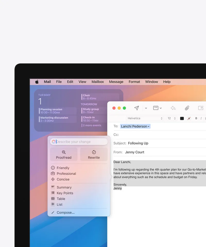 Зображення екрана з функцією «Засоби письма» в Apple Intelligence і додатком «Пошта»
