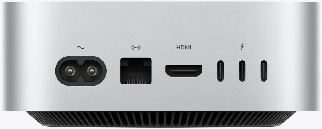 Вид ззаду на сріблястий Mac mini з портами на задній панелі: один порт живлення, один порт Ethernet, один порт HDMI та три порти Thunderbolt.
