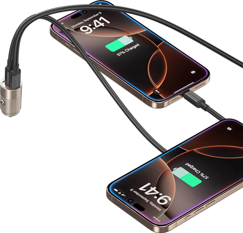 АЗП Keephone Car Volt Type-C / Type-C Titanium (CC-12) (KPCARVOCCTM) демонстрація заряджання одразу двох пристроїв