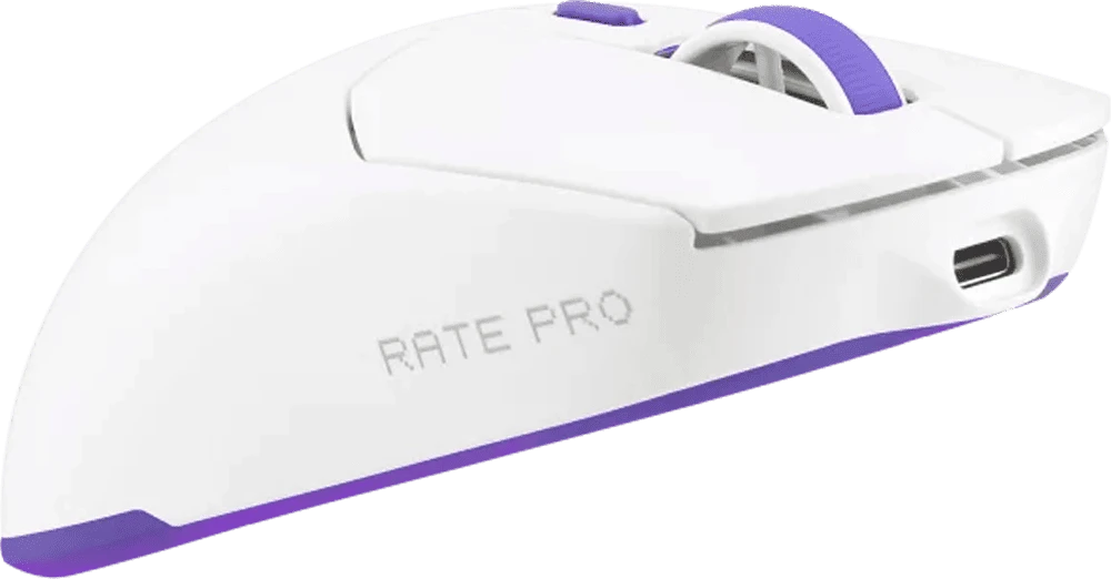 Бездротова ігрова миша Proove Gaming Rate Pro (white) вид крупним планом розʼєму та миші