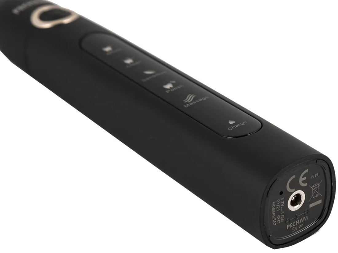 Електрична зубна щітка PECHAM Black Travel PC-080 (0290119080103) вид бічна грань та розʼєм зарядки