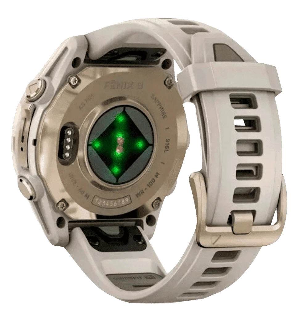 Garmin Fenix 8 43mm AMOLED Sapphire Soft Gold with Limestone Leather Band Б/В фото ззаду