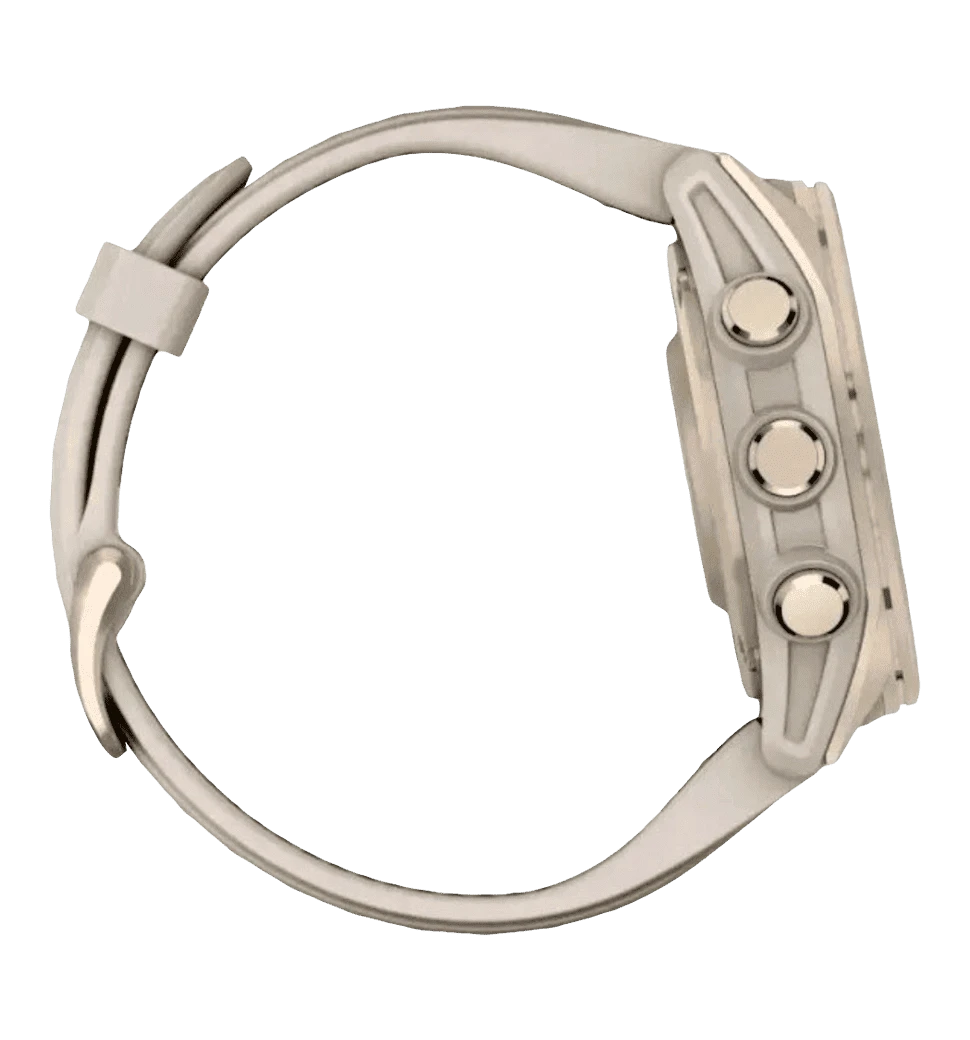 Garmin Fenix 8 43mm AMOLED Sapphire Soft Gold with Limestone Leather Band Б/В боковий вид