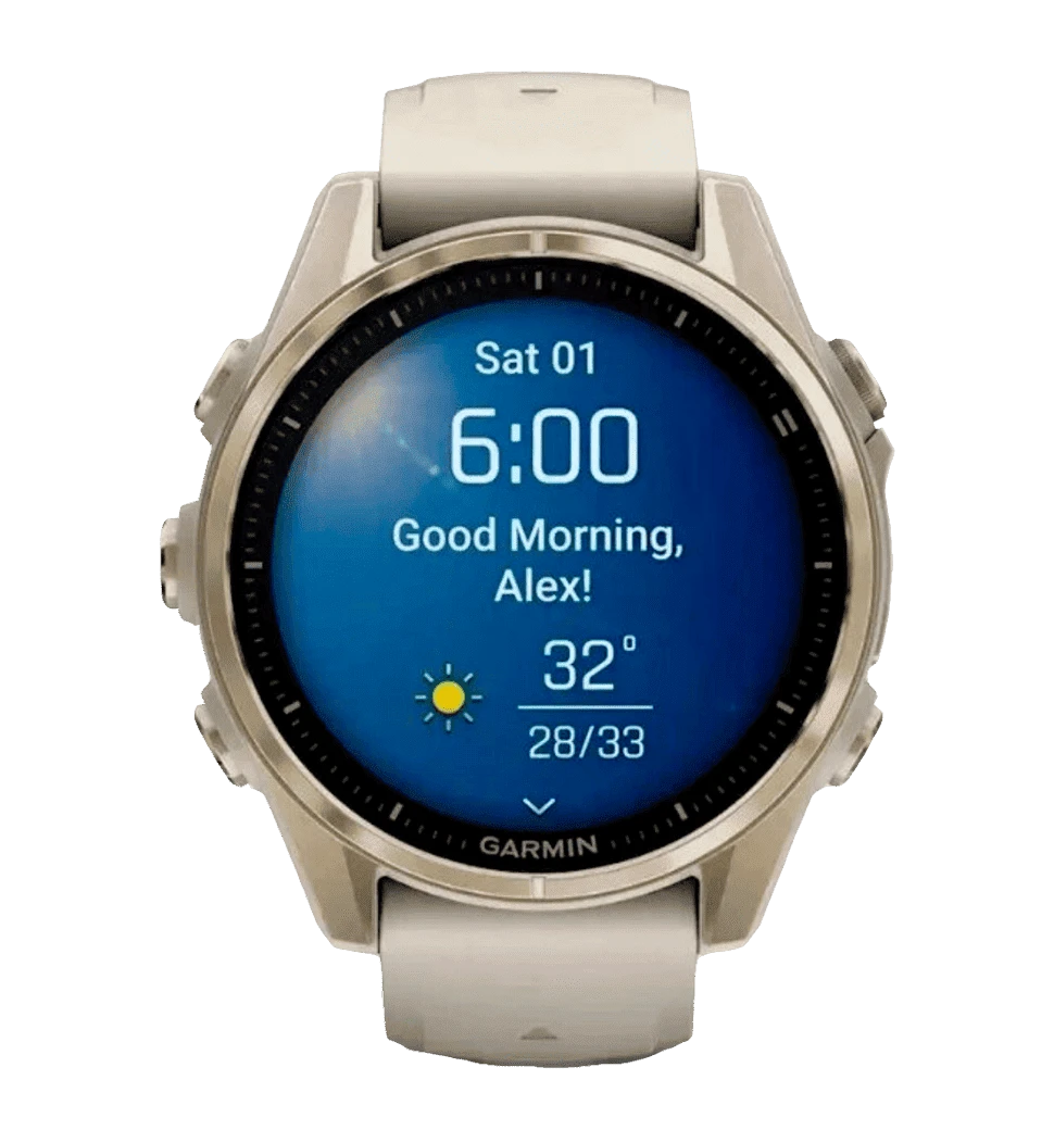Garmin Fenix 8 43mm AMOLED Sapphire Soft Gold with Limestone Leather Band Б/В передній вид