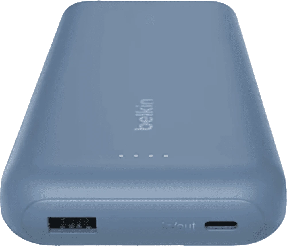 Павербанк Belkin 20000мА·год, 30Вт, з інтегрованим кабелем USB-C, синій вид під кутом порти зарядки