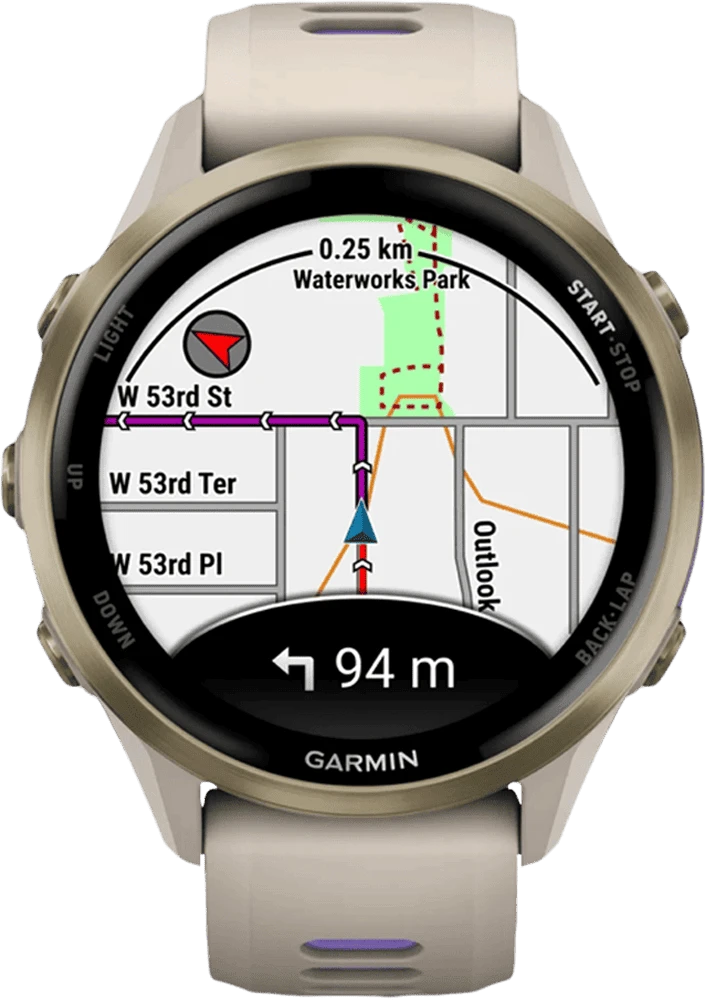 Смарт-годинник Garmin Forerunner 970 Soft Gold Titanium w. French Gray C. and French Gray/T. Indigo Band (010-02969-02/12) передній вид