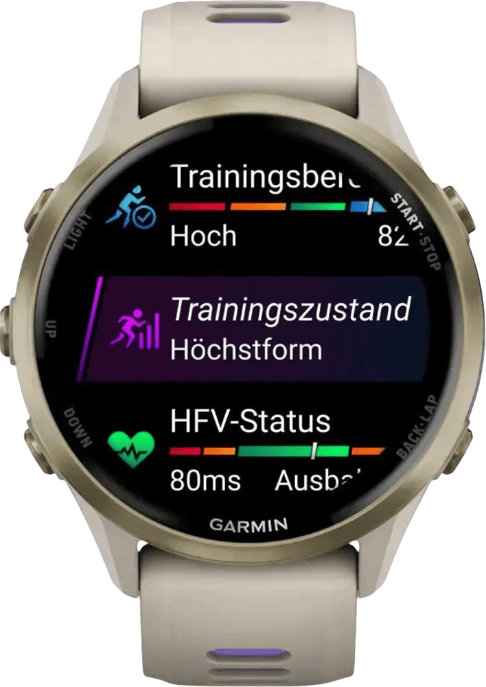 Смарт-годинник Garmin Forerunner 970 Soft Gold Titanium w. French Gray C. and French Gray/T. Indigo Band (010-02969-02/12/)UA передній вид