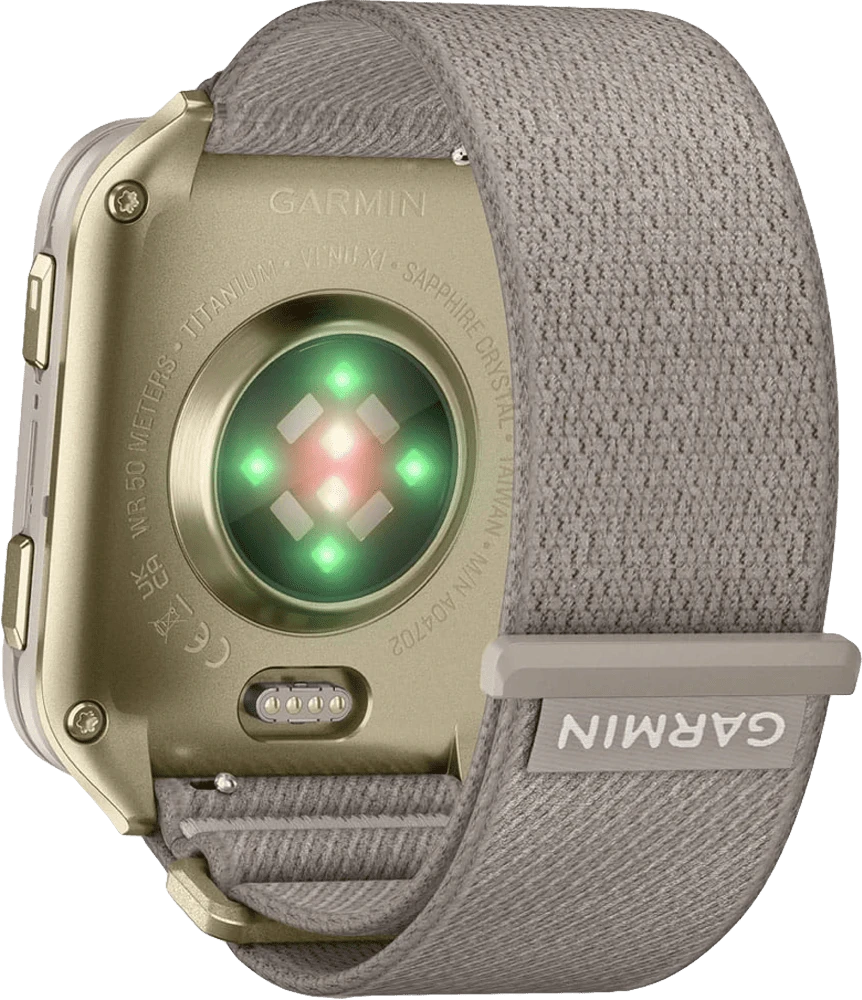 Смарт-годинник Garmin Venu X1 Soft Gold Titanium with French Grey Nylon (010-02980-33) задній вид годинника