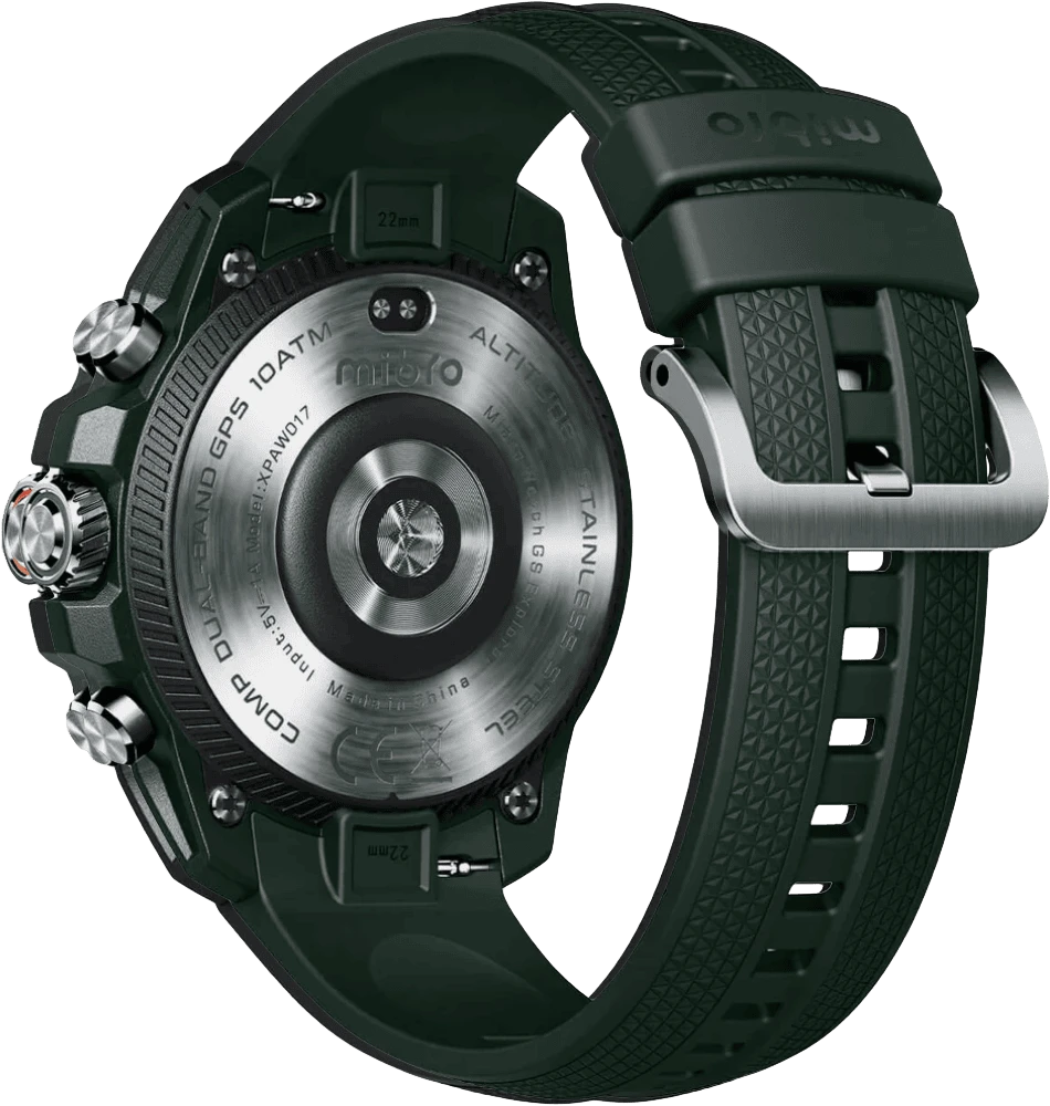 Смарт-годинник Mibro GS Explorer 48мм, 1.32", 466x466, AMOLED, BT 5.3, Dual-band GPS, 10 ATM, зелений задній вид годинника