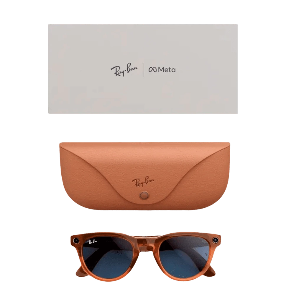 Смарт-окуляри Ray-Ban Meta Headliner Shiny Caramel Frame Clear/Sapphire Transitions - фото окулярів у складеному вигляді, чохла до них та коробки