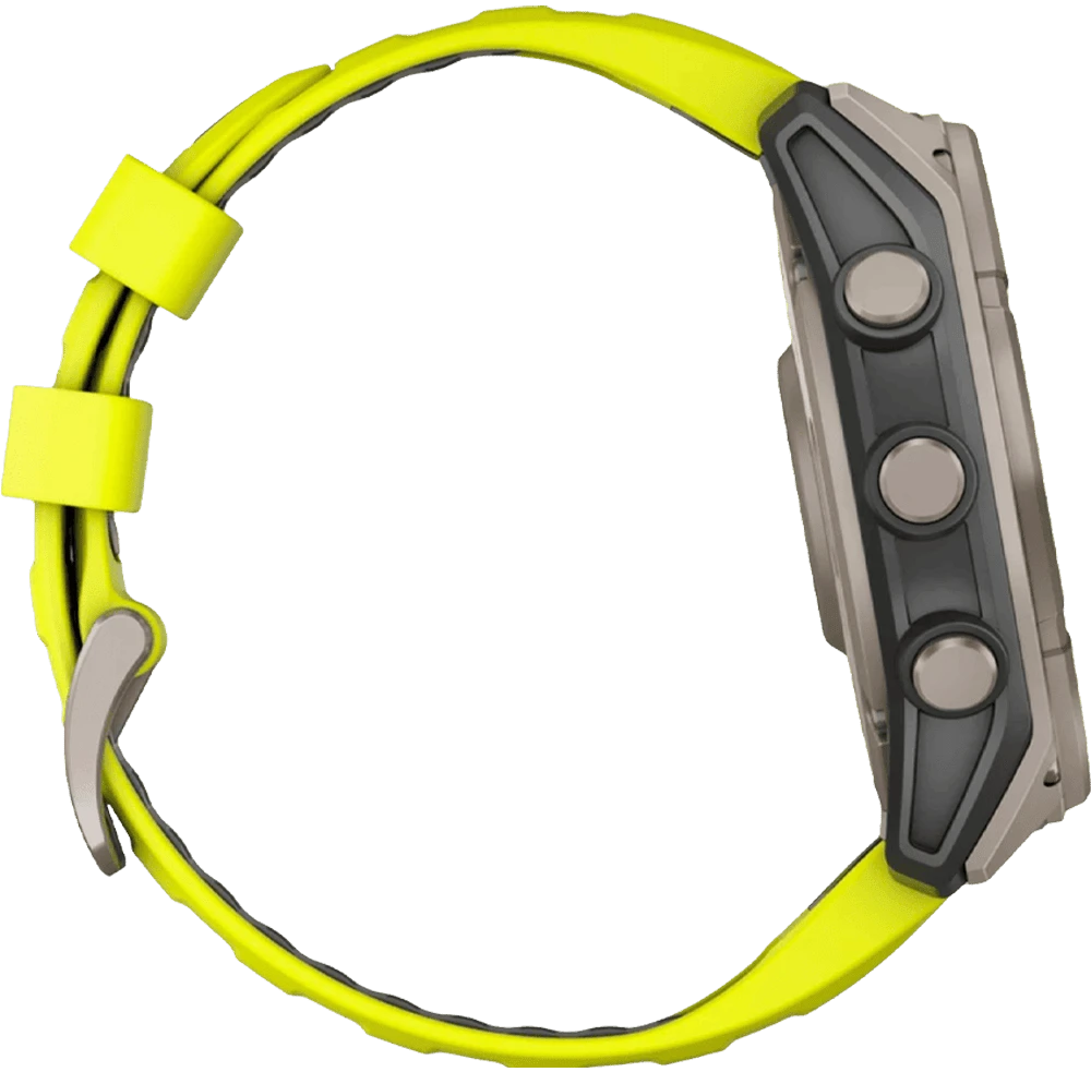 Спортивний годинник Garmin Fenix 8 51mm Solar Sapphire Titanium w. Amp Yellow/Graphite Silicone Band (010-02907-20/21) боковий вид