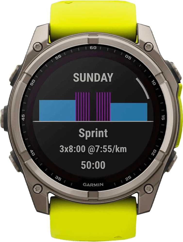 Спортивний годинник Garmin Fenix 8 51mm Solar Sapphire Titanium w. Amp Yellow/Graphite Silicone Band (010-02907-20/21) передній вид