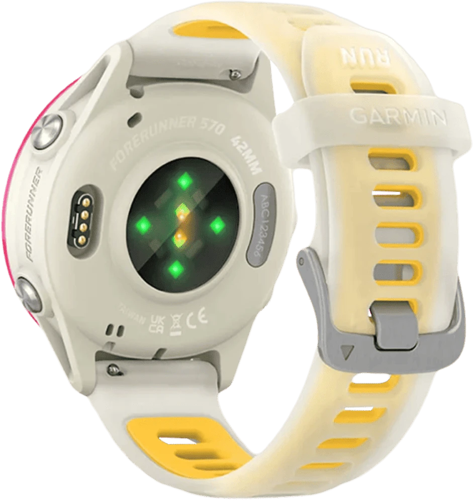 Спортивний годинник Garmin Forerunner 570 42mm Raspberry Aluminium with Translucent Bone/Mango Band (010-02970-02) вид ззаду