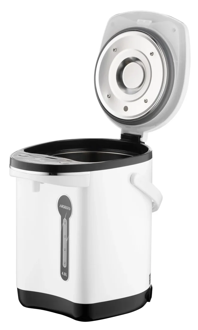 Термопот ARDESTO 4л, пластик, сіро-чорний боковий вид з відкритою кришкою