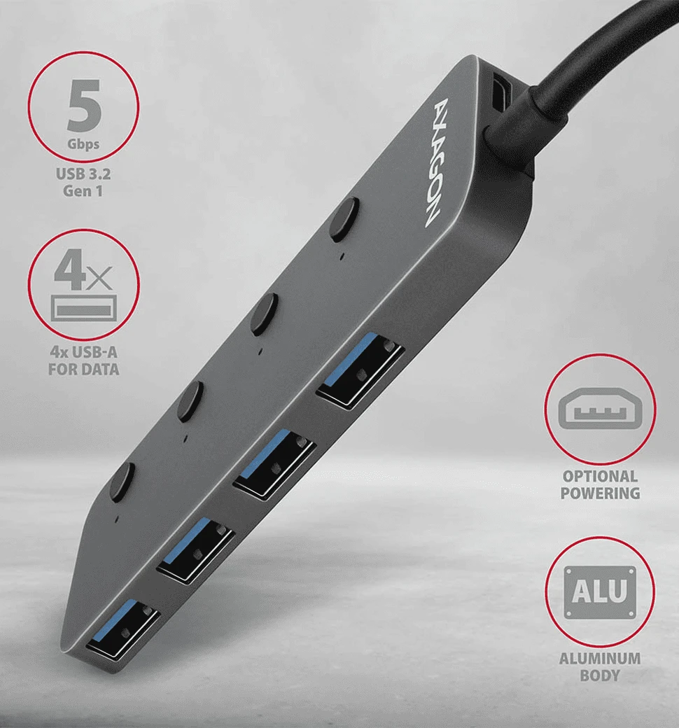 Хаб AXAGON HUE-MSA SuperSpeed USB-A SWITCH hub w. функція зарядки, USB-A кабель 20см, Сірий вид інтерфейсів