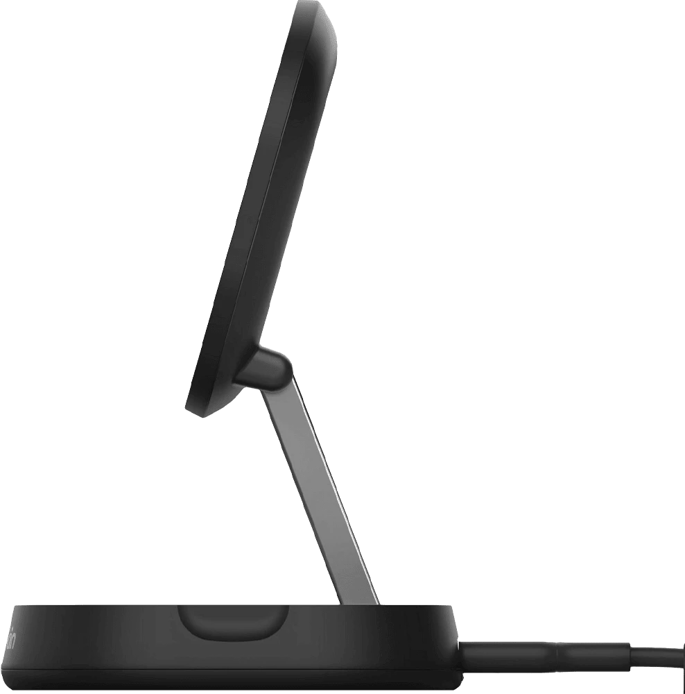 Зарядний пристрій бездротовий Belkin 15Вт Magnetic Stand Qi2, адаптер 20Вт USB-C, чорний боковий