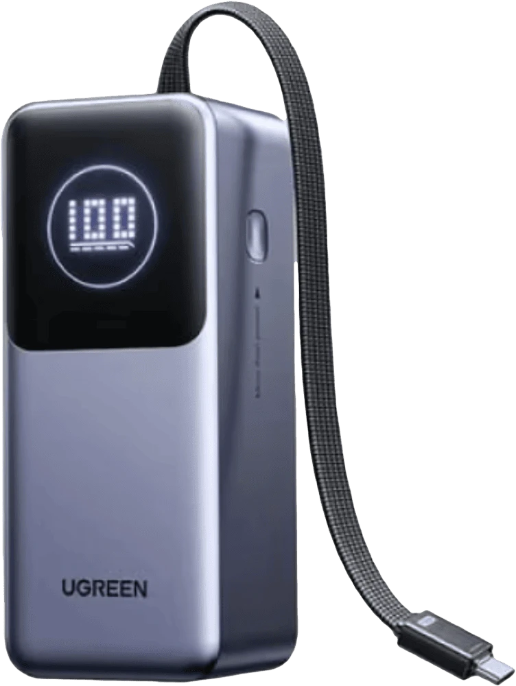 Зовнішній акумулятор UGREEN 130W 20000 mAh Power Bank with Built-in Cable PB723 Cірий (55365B) боковий передній вид