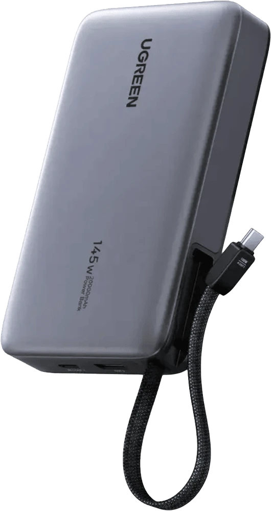 Зовнішній акумулятор UGREEN 145W 20000 mAh Power Bank with Built-in Cable PB551 Cірий (55992B) вид спереду