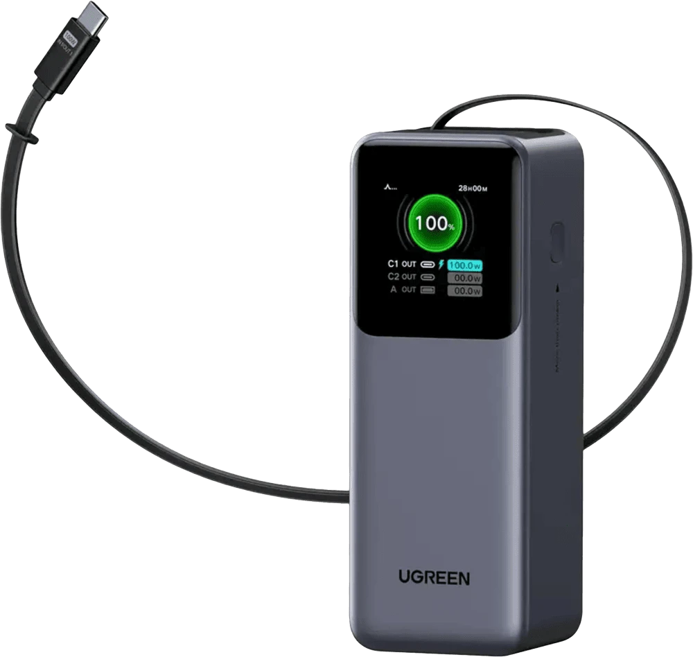 Зовнішній акумулятор UGREEN 165W 20000 mAh Power Bank with Retractable Cable PB726 Cірий (55987B) вид спереду