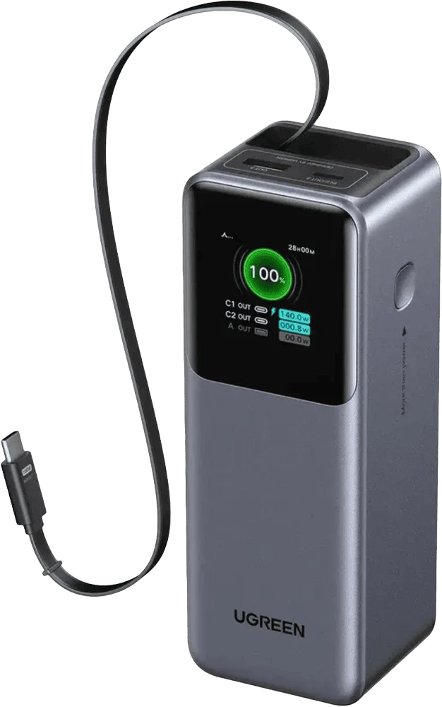 Зовнішній акумулятор UGREEN 165W 20000 mAh Power Bank with Retractable Cable PB726 Cірий (55987B) боковий вид